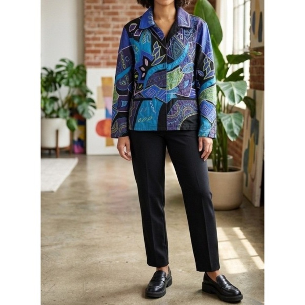 Alex Kim Vintage Wearable Art Jacket Blue Purple Patchwork Sequin Embroidered‎ L